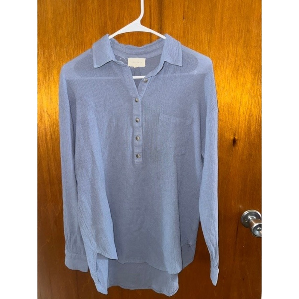 Melloday Womens Small Blue Textured Gauze Henley Long Sleeve Button (C)